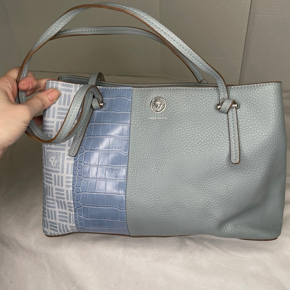 Anne Klein Blue Colorblock Faux Leather Tote Croc Pebbled Satchel Bag